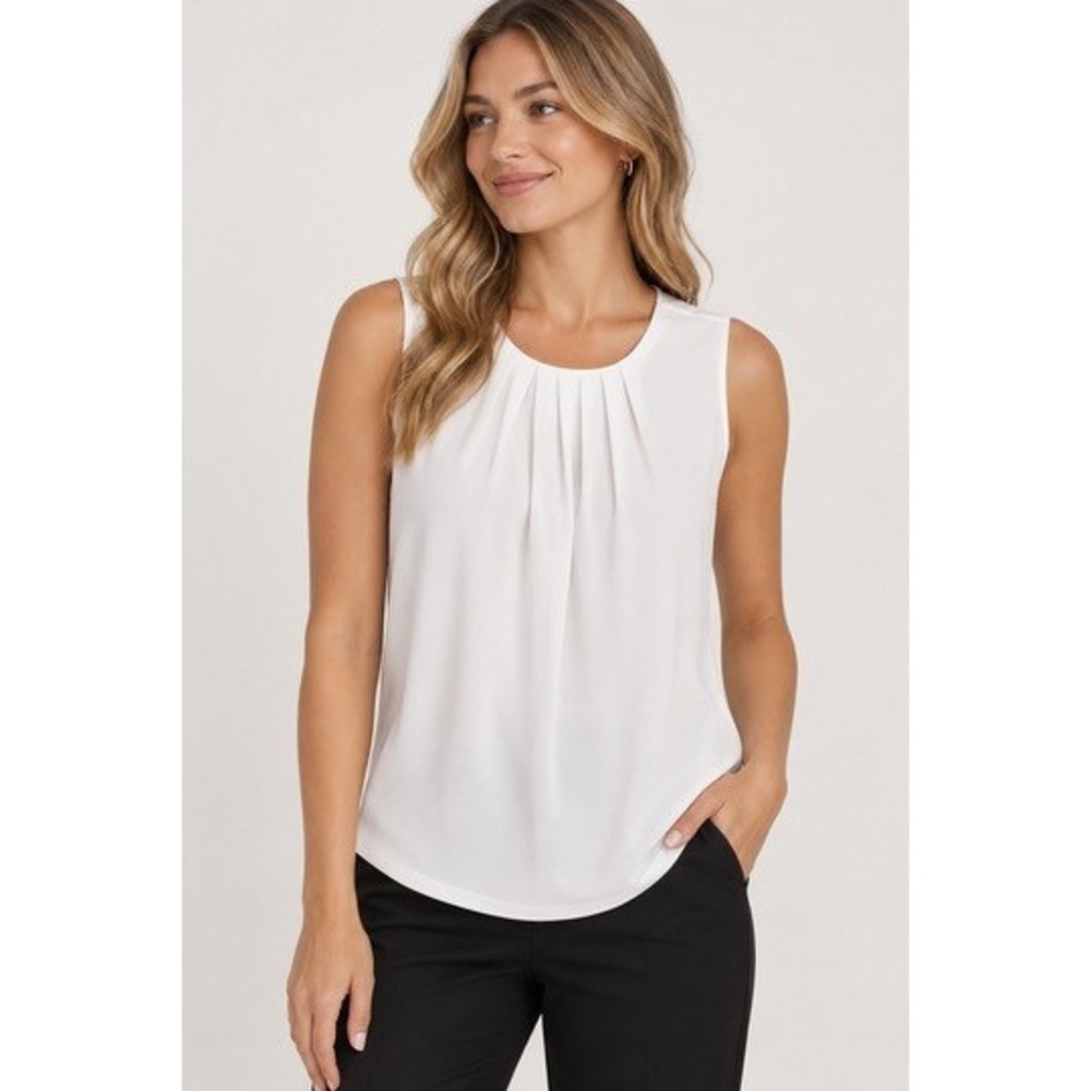 Calvin Klein White Pleated Neck Sleeveless Blouse Top 10P Petite Keyhole Back